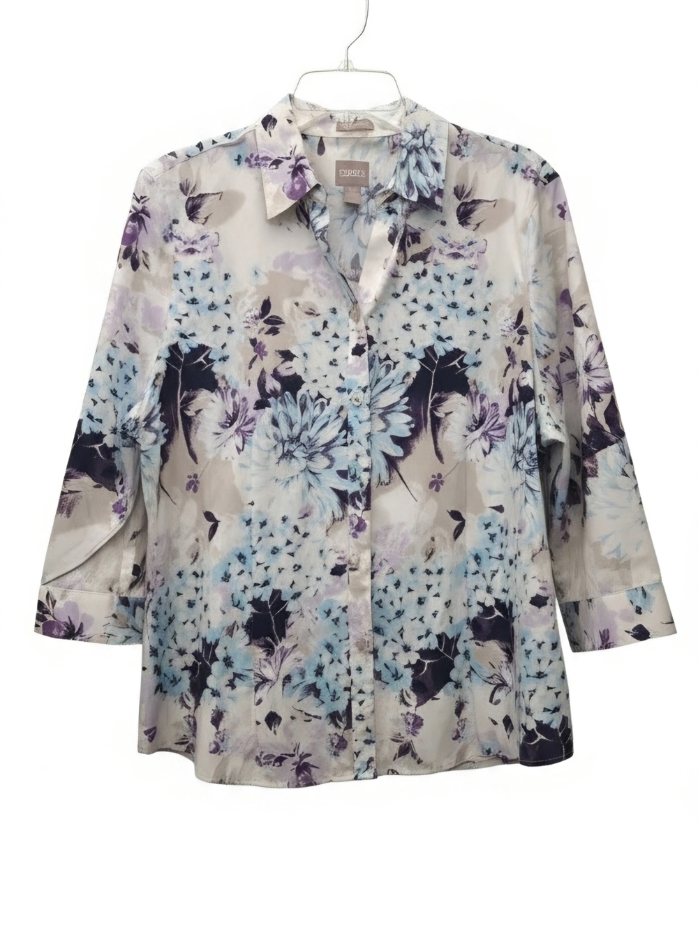 Chico's Floral Button-Front Blouse in Cream, Blue and Purple